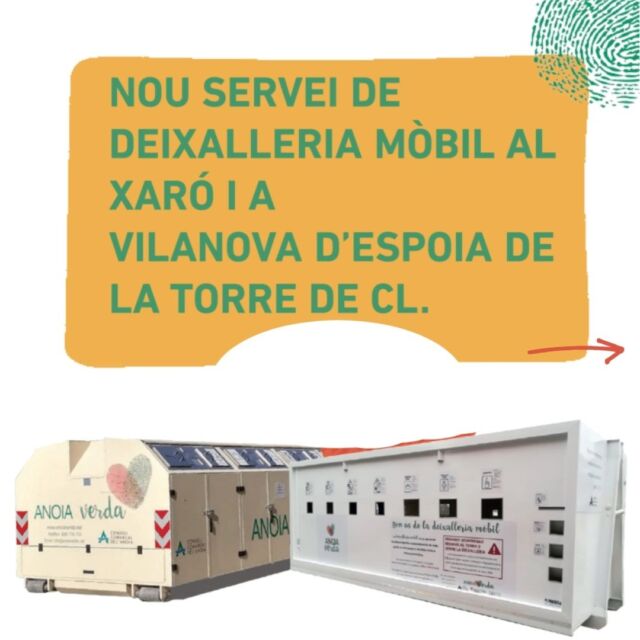 La Torre de Claramunt estrena dues noves ubicacions de la deixalleria mòbil:

📍 El Xaró (Pl. St. Feliu) - 1r dilluns i dimarts de mes.
📍 Vilanova d'Espoia (esplanada costat església) - 3r dilluns i dimarts de mes.

Aquestes dues se sumen a les altres ja existents:

📍 Nucli (c. Castell, 15 Ambulatori) - 1r dimecres i dijous de mes.
📍 Pinedes d'Armengol (davant Centre Social) - 1r divendres i dissabte de mes.

Consulteu el reel per saber què hi podeu portar!

@ajuntamentlatorredeclaramunt #deixalleriamòbil #residuselectrònics #residusespecials #residus #portaaporta #portaaportaAnoiaverda #mediambient